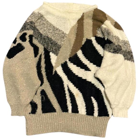 Sweaters - Vintage Animal Print Abstract Sweater Zebra Leopard Neutral Black Beige Size M/L